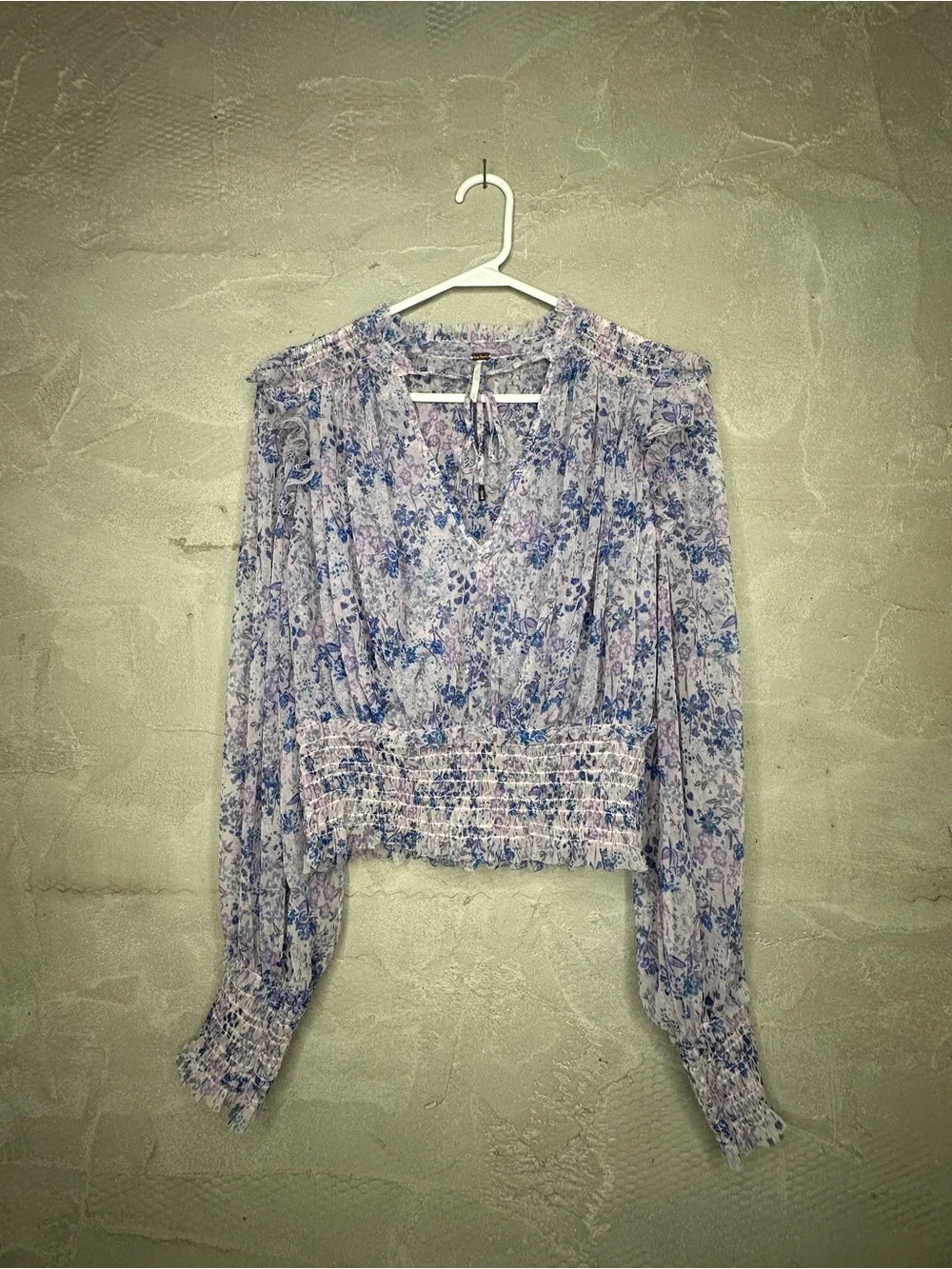 Free People Floral Mesh Smocked Long Sleeve Top Size M